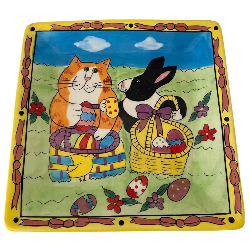 Catzilla ceramic square serving dish Easter bunny eggs yellow hand‎ painted 8"